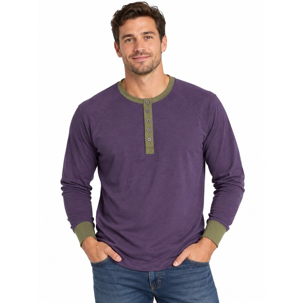 Duluth Trading Co Men's Henley Long Sleeve Shirt Purple/Green Size Large